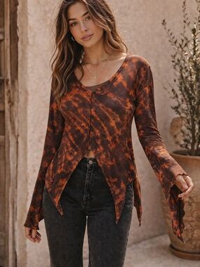 Rhea Tie Dye Sleeves & Tails Long Sleeve Top L/XL Brown Orange Boho NWT